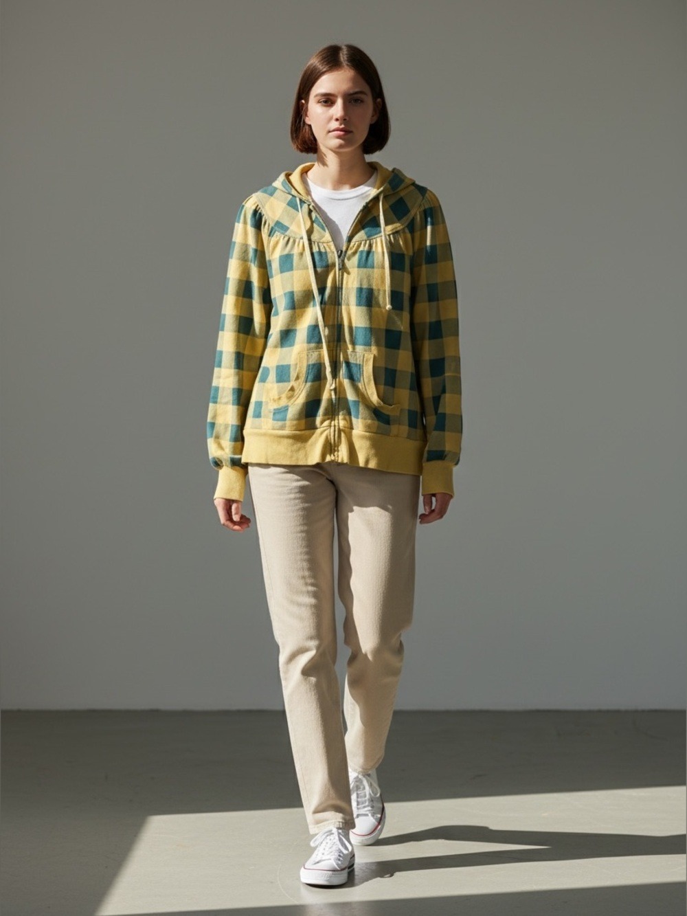 Mossimo Supply Co. Vintage Blue & Yellow Checkered Long Sleeve Hoodie